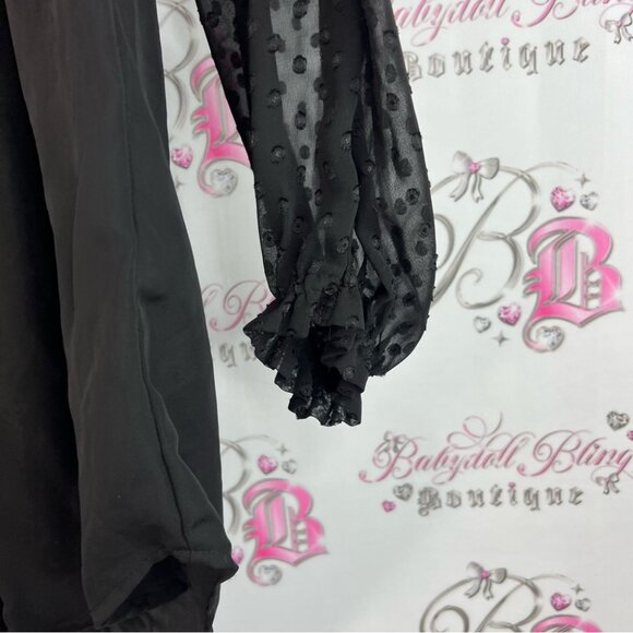 Laundry By Shelli Segal long sleeve dotted Polka dot buttons Black Sheer Blouse - Picture 5 of 13